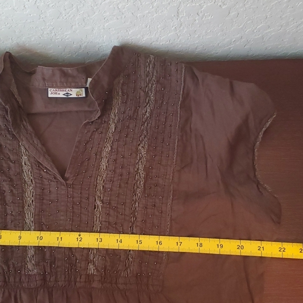 XL brown Caribbean Joe split neck cap sleeve ladies top - Picture 8 of 9